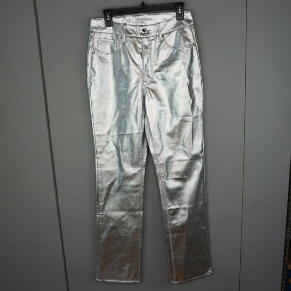 New Good American Good Icon SILVER Metallic Faux Leather Pants size 6/28 - Picture 2 of 16